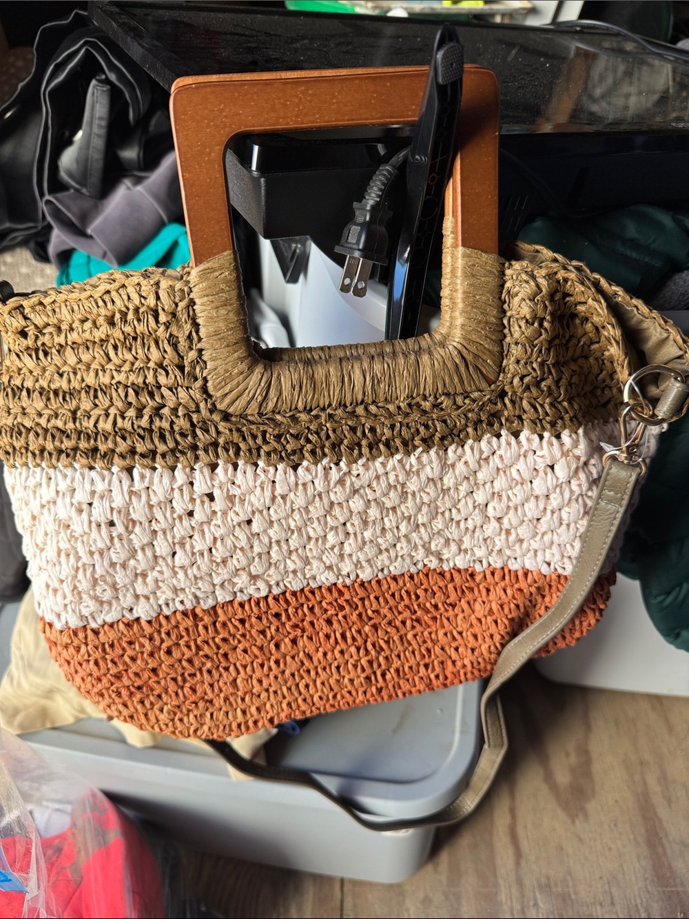 Woven Straw Stripe Tote Bag in Olive, Cream & Rust